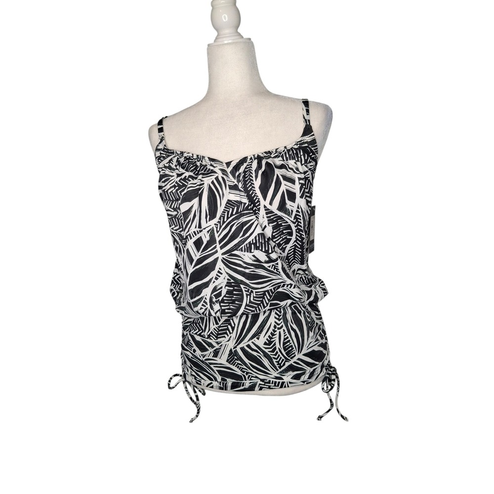 Beach Scene Black White Tropical Leaf Blouson Tankini Top Adjustable Straps 10